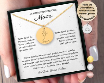 May include: Gold necklace with a round pendant featuring a rose and the name "Sarah" engraved on it. The necklace comes in a white box with a message for "Mama" and a personalised message.