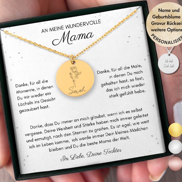 Geschenk für Mama zum Muttertag, personalisierte Halskette mit der Geburtsblume und Namen als Geburtstag, Weihnachten oder als Dankeschön