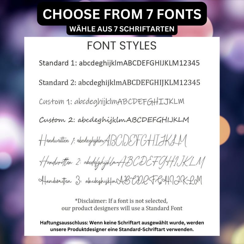 Peut inclure: Un graphique montrant sept styles de police diff&eacute;rents pour une conception personnalis&eacute;e. Les styles de police incluent Standard 1, Standard 2, Personnalis&eacute; 1, Personnalis&eacute; 2, Manuscrit 1, Manuscrit 2 et Manuscrit 3. Le texte "Choisissez parmi 7 polices" et "W&auml;hle aus 7 Schriftarten" est affich&eacute; en haut du graphique. Le texte "Styles de police" est affich&eacute; sous le titre. La clause de non-responsabilit&eacute; indique que si une police n'est pas s&eacute;lectionn&eacute;e, les concepteurs de produits utiliseront une police standard.