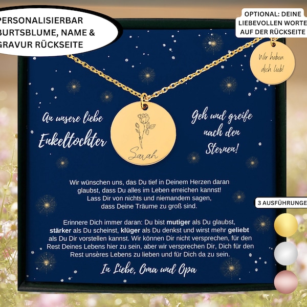 personalisierbare Geburtsblume Halskette Geschenk an Enkelin von Oma und Opa mit Gravur, Enkelin Weihnachten, Enkelin 18, Abschluss Enkelin