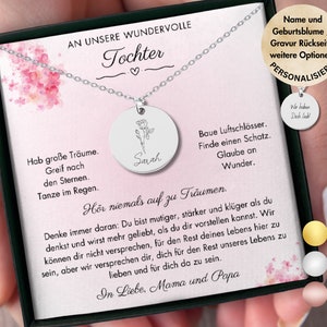 Gift from Parents to Daughter, Personalized Birth Flower Name Necklace, Gift for Christmas, Graduation, Birthday to Daughter with Engraving