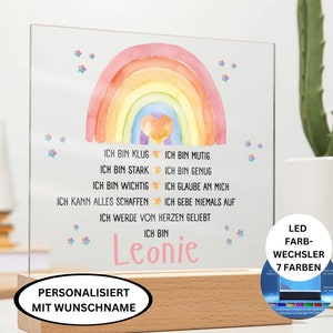 personalisiertes Geschenk Einschulung Mädchen Acryltafel LED Inspirierende Mutmacher Sprüche positive Affirmationen für Kinder, Schulstar