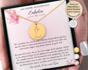 May include: A gold necklace with a round pendant featuring a rose and the name "Sarah" engraved on it. The necklace is in a box with a message for a granddaughter.