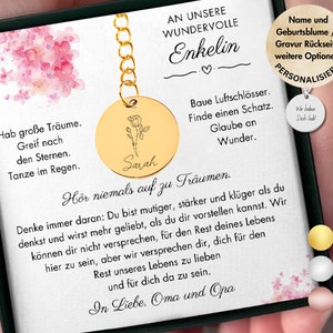 Personalized Birth Flower Pendant Keychain Gift for Granddaughter from Grandma and Grandpa engraved, Granddaughter gift Christmas, Abitur