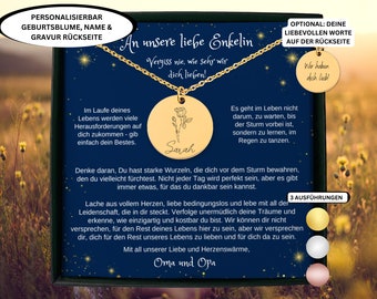 May include: A gold necklace with a round pendant featuring a rose and the name "Sarah" on a blue background with stars. The text "An unsere liebe Enkelin" is at the top of the image. The text "Vergiss nie, wie sehr wir dich lieben!" is below the pendant. The text "Wir haben dich lieb!" is in a smaller circle on the right side of the image. The text "Es geht im Leben nicht darum, zu warten, bis der Sturm vorbei ist, sondern zu lernen, im Regen zu tanzen." is on the right side of the image. The text "Denke daran, Du hast starke Wurzeln, die dich vor dem Sturm bewahren, den du vielleicht fürchtest. Nicht jeder Tag wird perfekt sein, aber es gibt immer etwas, für das du dankbar sein kannst." is below the pendant. The text "Lache aus vollem Herzen, liebe bedingungslos und lebe mit all der Leidenschaft, die in dir steckt. Verfolge unermüdlich deine Träume und erkenne, wie einzigartig und kostbar du bist. Wir können dir nicht versprechen, für den Rest deines Lebens hier zu sein, aber wir versprechen dir, dich für den Rest unseres Lebens zu lieben und für dich da zu sein." is below the previous text. The text "Mit all unserer Liebe und Herzenswärme, Oma und Opa" is at the bottom of the image. The text "3 AUSFÜHRUNGEN" is on the right side of the image.