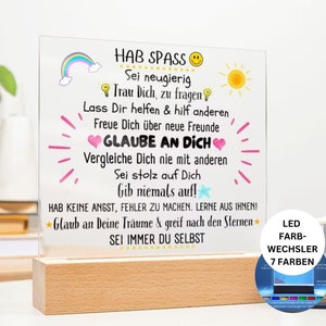 Geschenk Einschulung 2025 Enkelkind Mutmacher Acryl Bild mit LED, Motivation Schule, Schulanfang Wünsche,  Kinderzimmer Deko Regenbogen