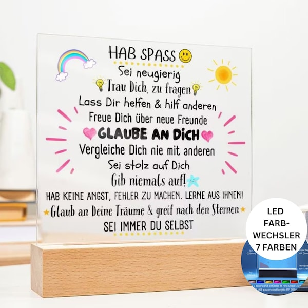 Geschenk Weihnachten Enkel, Einschulung Mutmacher Acryl Bild mit LED, Motivation Schule, Schulanfang Wünsche,  Kinderzimmer Deko Regenbogen