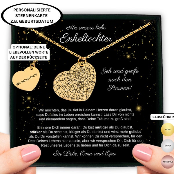 personalisierte Sternkarte Herzhalskette Geschenk an Enkelin von Oma und Opa mit Gravur, Enkelin Weihnachten, Enkelin 18, Abschluss Enkelin