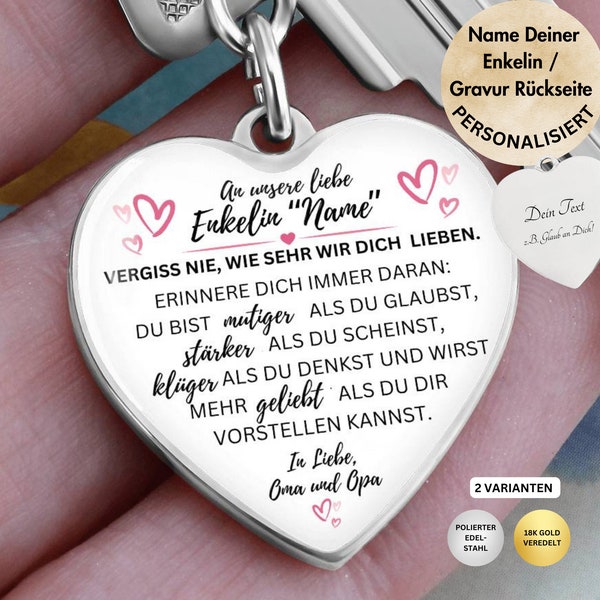 Personalisierbares Geschenk an Enkelin von Oma und Opa mit Gravur, Herz Schlüsselanhänger Enkeltochter, Enkelin 18, Geschenk Kommunion