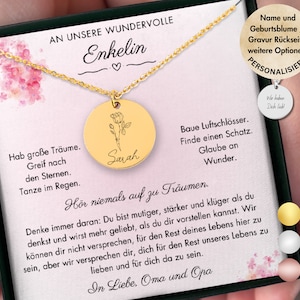 customized Birth Flower Necklace Gift for Granddaughter from Grandma and Grandpa engraved, Granddaughter gift Christmas, Graduation Abitur