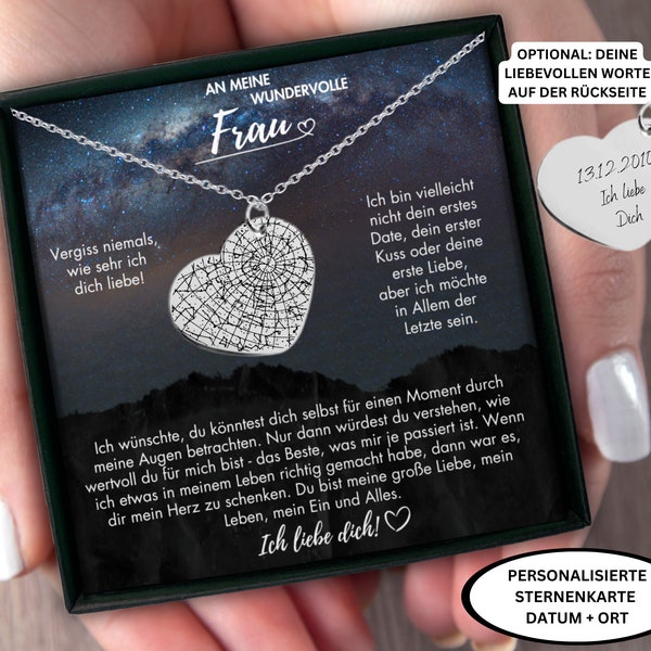 personalisierte Sternkarte Herz Halskette romantisches Geschenk Ehefrau mit Gravur, Ehefrau Weihnachten, Frau Geburtstag, Hochzeitstag Frau