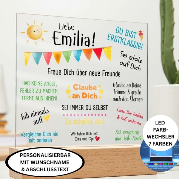 personalisierbares Geschenk zur Einschulung Mutmacher Acryl Bild mit LED, Motivation Schulkind, Schulanfang Wünsche, Schulstart Geschenk