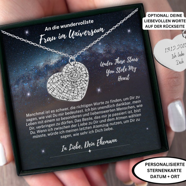 personalisierte Sternenkarte Herz Halskette romantisches Geschenk für Frau mit Gravur, Valentinstag Frau, Frau Geburtstag, Hochzeitstag Frau