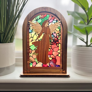 Wooden Arch Decor with Angel and Faux Stained Glass Backing