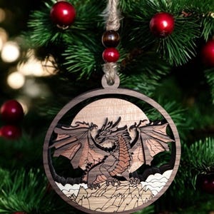 Wooden Dragon Ornament | Walnut, Maple, Oak, Cherry, & Mahogany | 4” Round | 3-Layer Christmas Ornament