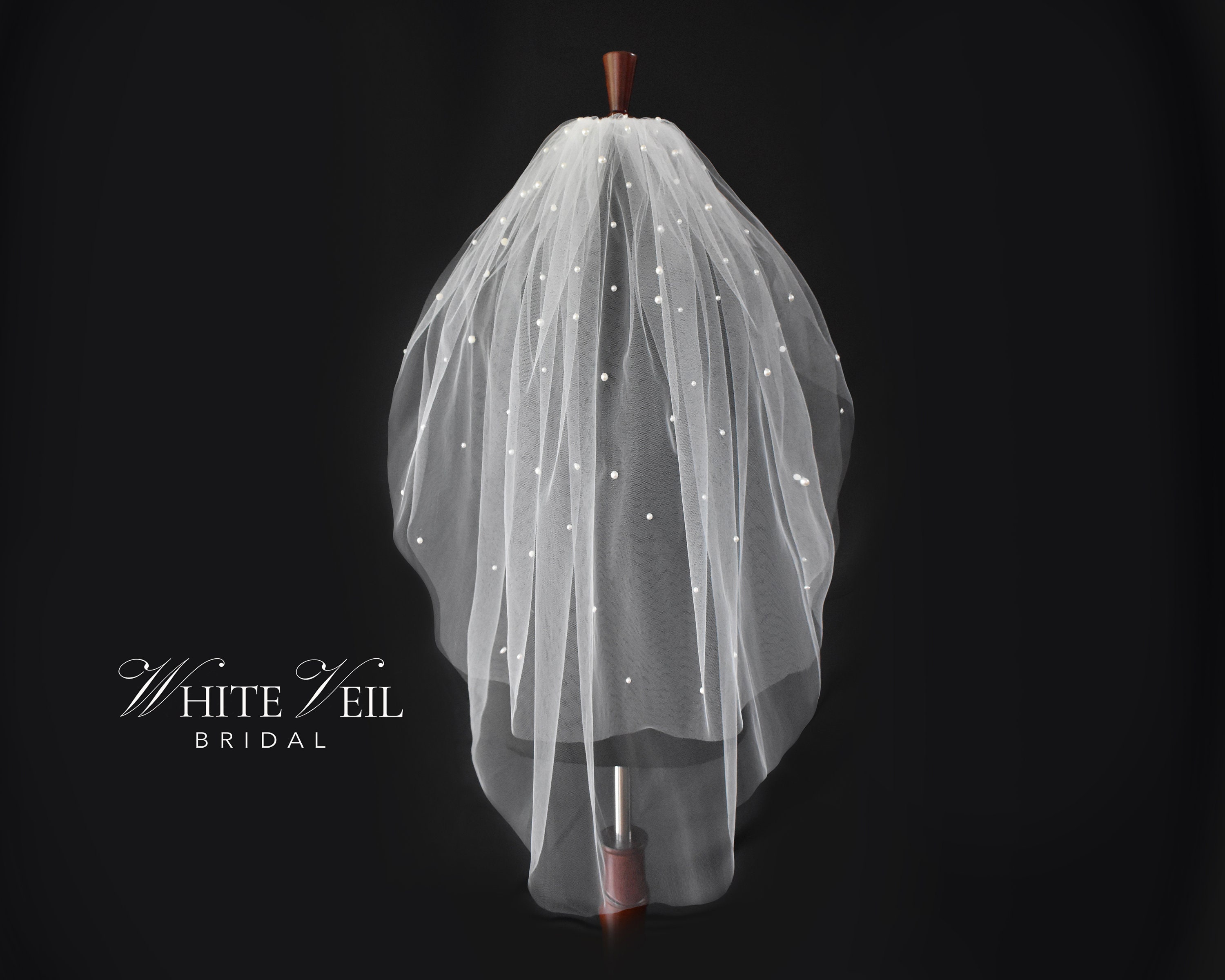 Pearl Veil White Veil With Comb Pearl Veil Ivory Elbow Veil  display picture 2