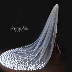 3D Floral Veil, Long Flowered Wedding veil, Cathedral Off-White Bridal Veil with 3D Effect Flowers