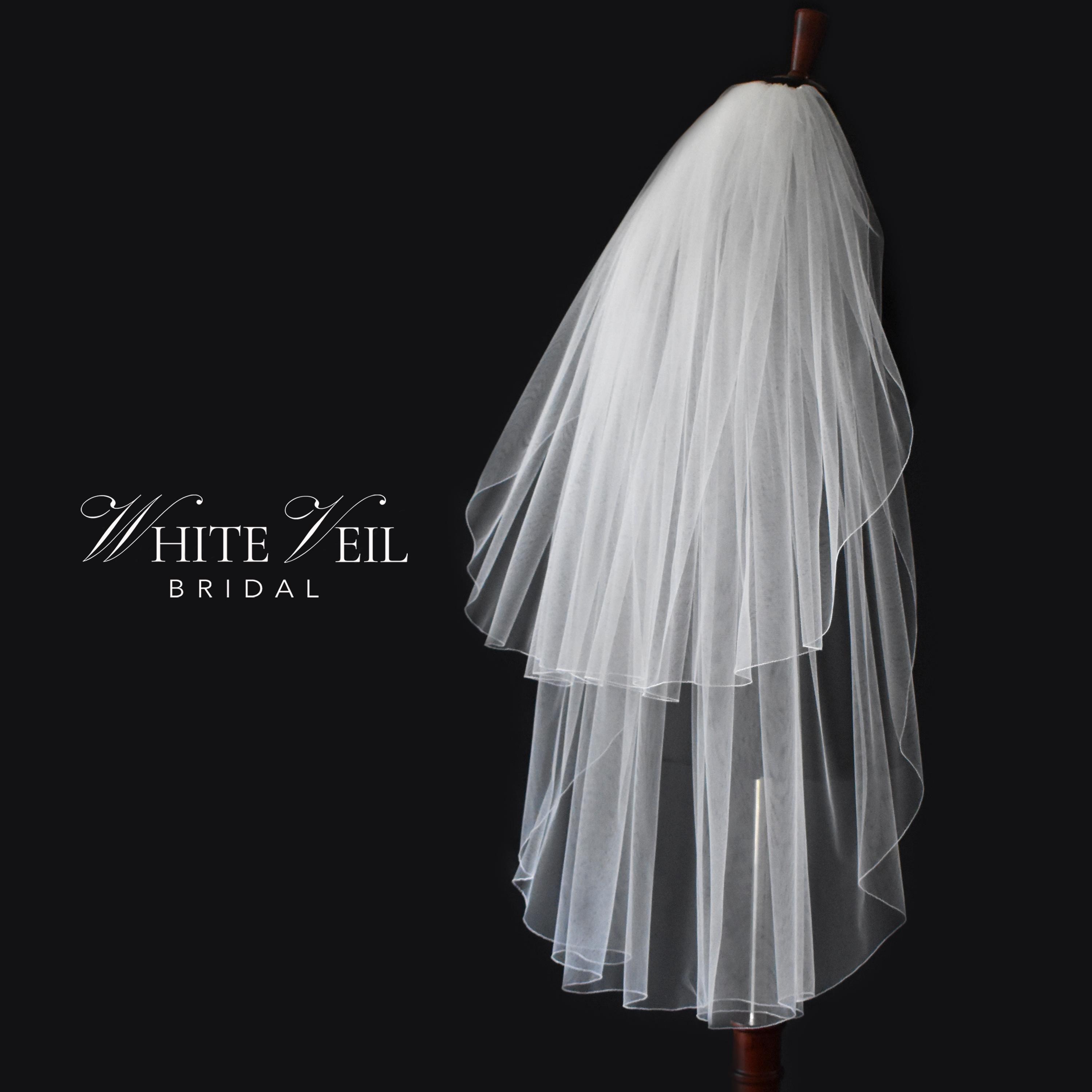 Pencil edge blusher veil, Double tiered classic white Modern Cut Edge Two Tier Mid Length Veil | WeddingVeil.com main image 3
