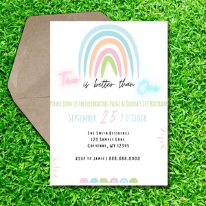 Twin Girl 1e verjaardag uitnodigen, Rainbow thema 1e verjaardag, Twin Girl Rainbow Verjaardag, BEWERKBAAR, instant download, afdrukbaar
