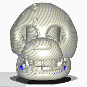May include: A 3D-rendered sculpture of a cartoonish skull with a wide grin. The skull is primarily off-white with a pattern of light gray stripes. The design includes eye sockets and a rounded jaw.