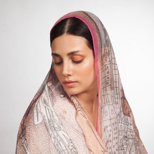 Vignette Modal Silk Organic Blend Scarf, Artful Lightweight Natural Fabric Shawl, Unique Gifts for Women