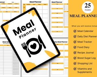 Meal Planner Bundle: Weekly, Daily, Recipe Journal, Grocery List (Instant Download)
