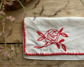 Vintage Linen Napkin Pouch. Handmade, Hand-Embroidered, Red and White Antique French Linens.