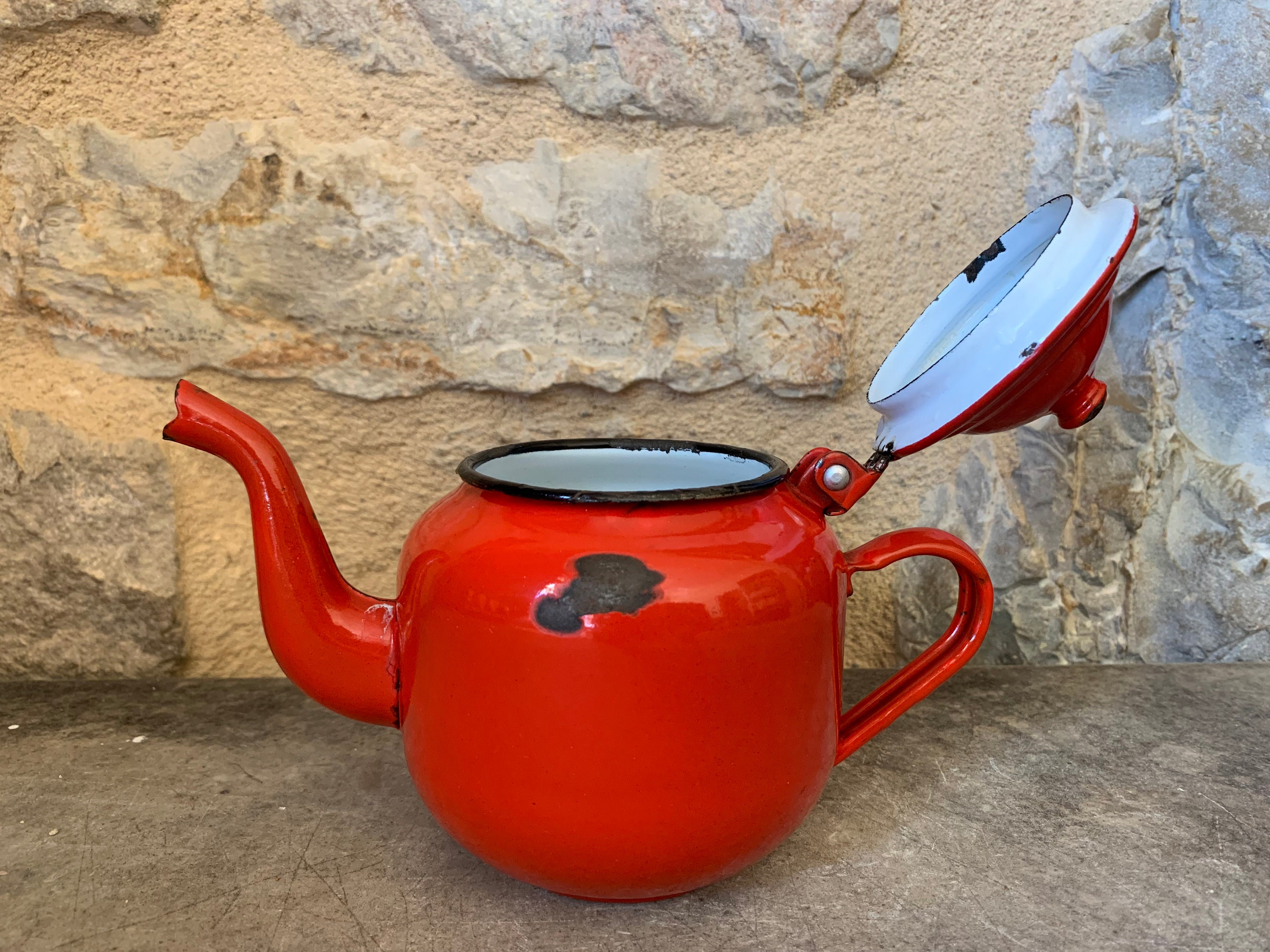 Enamel Teapot, Bright Red JAPY 0.5l, Mini Tea Kettle. Vintage Enamel