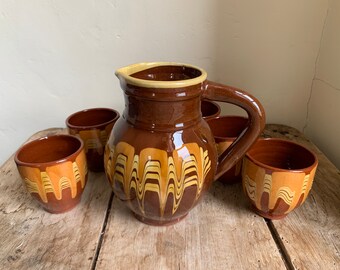 Water Jug/Cider Pitcher with SixTumblers. Ceramic, Hand-Thrown Pottery, Vintage French.