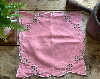 Pink Linen Table Centrepiece, Table Runner, Place Mat, Linen Doily. Vintage/Antique French Table Linen.