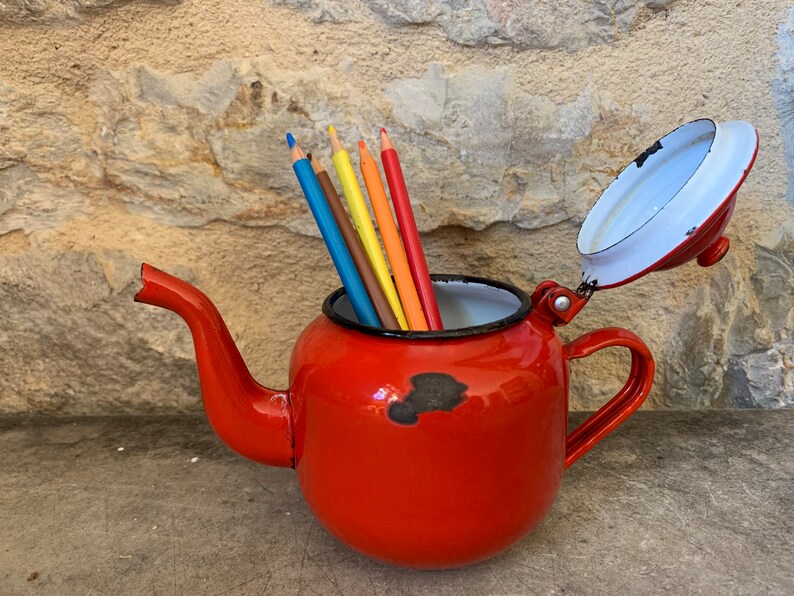 Enamel Teapot, Bright Red JAPY 0.5l, Mini Tea Kettle. Vintage Enamel
