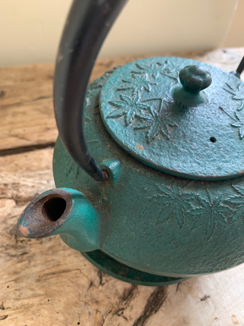 Tetsubin, Vintage Japanese Cast Iron Teapot Teal/green With Strainer and Trivet, Maple Leaf