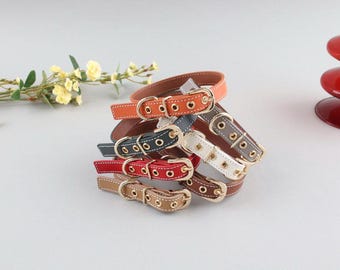 Conjunto de arnés y correa de cuero genuino para perro / Talla pequeña/mediana ajustable, herrajes dorados
