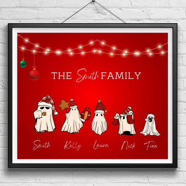 Christmas Family Portrait, Custom family print with pets, Cute Christmas Ghost family, Christmas Personalized family print, Christmas Gift