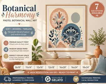 Boho Abstract Floral Wall Art in Terracotta and Slate Blue | Modern Botanical Home Décor Print- Premium Matte Paper Poster