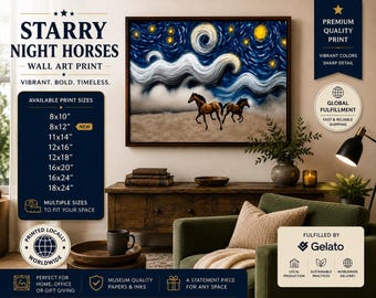 Starry Night Horses Wall Art Print | Wall Decor | Moody Blue Night Sky Art - Premium Matte Paper Poster