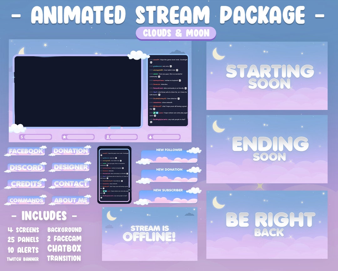 ANIMATED Pastel Cloud Twitch Overlays, Stream Packs, Stream Scenes
