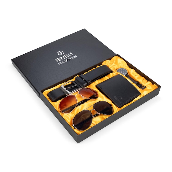 Black Sunglasses and Gold Watch Set Stylish 4 in 1 Men s Gift Set with Yellow Dial Watch Black  main image 3