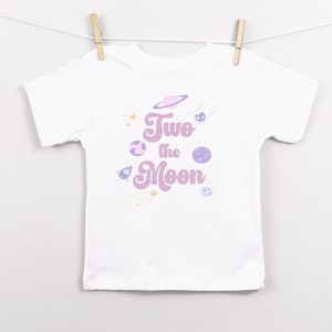 Two The Moon Pink Space Toddler T-Shirt | Planets Astroid Stars Rocket Ship Kid&#39;s Tee Shirt