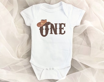 Cowboy Hat ONE 1st Birthday Baby One Piece | Western Cow Boy Hat Themed First Birthday Bodysuit for Babies