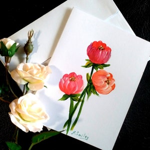 Pivoines. Peinture originale à la main, carte de voeux florale, carte-cadeau faite main, anniversaire, voeux d'anniversaire, mot de remerciement, toutes les occasions, carte postale