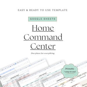 Op de afbeelding: Een digitale sjabloon voor Google Sheets, getiteld "Home Command Center". De afbeelding bevat een verscheidenheid aan spreadsheetvoorbeelden, met tekst als "Household Tasks" en "Family Info Hub". Het ontwerp is strak en modern, met een callout die zegt "Printable + easy to use!"