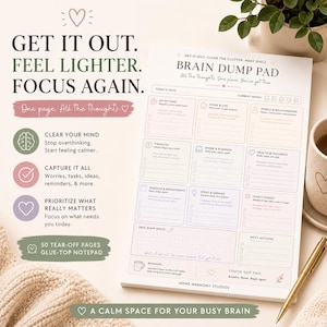 May include: A notepad with the text "Brain Dump Pad" and sections for organizing thoughts, tasks, and ideas. The notepad has 50 tear-off pages and a glue-top binding. The design includes pastel colors and inspirational text.