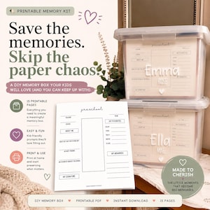 Pode incluir: Um kit de memória imprimível para crianças, com uma caixa de memória DIY. A imagem mostra um recipiente de armazenamento de plástico transparente com um rótulo que diz "Emma Rose" e uma página imprimível com prompts. O kit inclui 15 páginas.