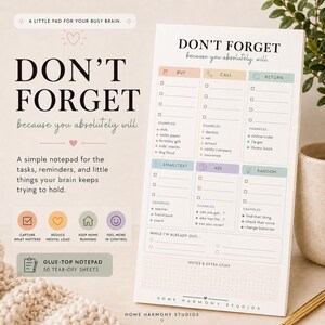 Pode incluir: Um bloco de notas com 50 folhas destacáveis intitulado DON'T FORGET because you absolutely will. O layout apresenta seis colunas categorizadas para tarefas, incluindo BUY, CALL, RETURN, EMAIL/TEXT, ASK e RANDOM, além de uma seção de notas.