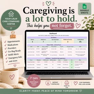 Op de afbeelding: Een laptop toont een dashboard voor zorg, met secties voor patiënten, medicijnen en navullingen. Een mok, notitieblok en deken staan ernaast. De tekst luidt "Caregiving is a lot to hold. This helps you not forget."