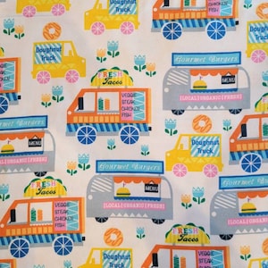 Colorful Food Trucks Cotton Fabric, Cotton Quilting Fabric, 100% Cotton Flannel by the 1/2 yard