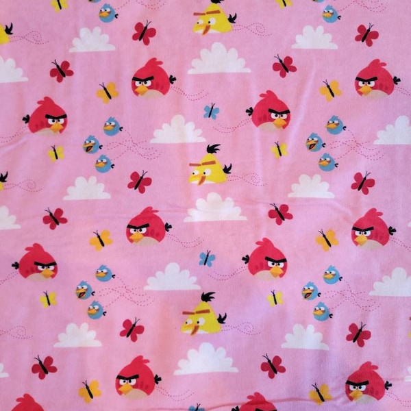 Angry Birds Float On Pink Cotton Fabric, Cotton Quilting Fabric, 100% Cotton Flannel by the 1/2 yard