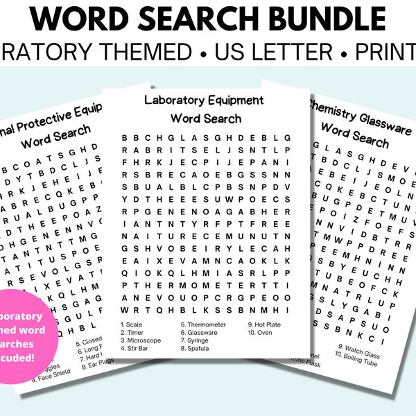 Laboratory Themed Word Search Bundle, 3 Unique Puzzles, Science Themed Printable Word Searches and Answer Keys, Instant Download
