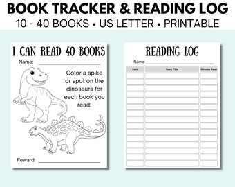 May include: Black and white printable reading log with a dinosaur theme. The log includes a section for a child's name, a space to color in a dinosaur for each book read, and a section to track the book title, date, and minutes read. The text reads "I Can Read 40 Books" and "Reading Log".